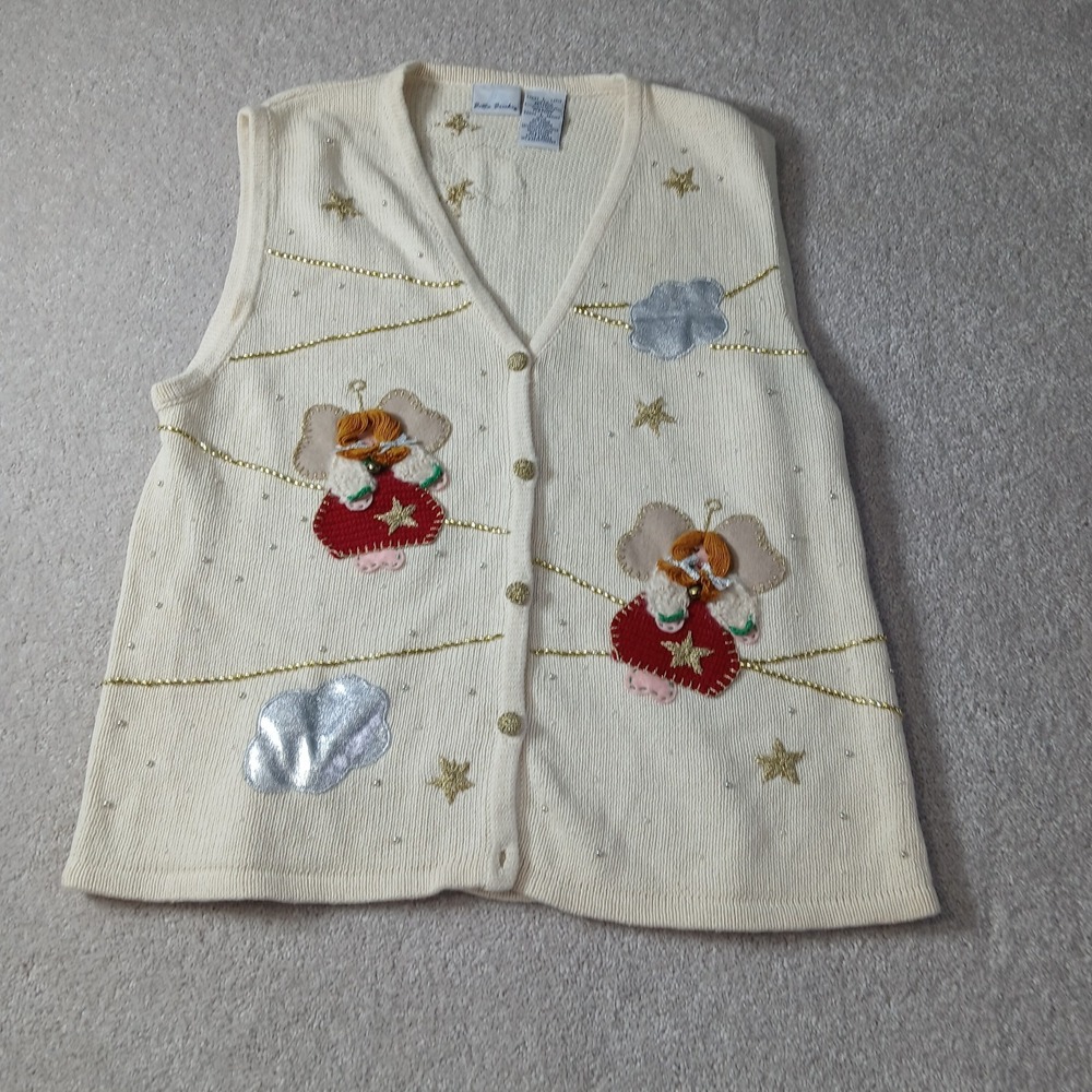 Bobbie Brooks Ivory Sweater Vest Christmas Holiday Angel Bells Stars Women Large